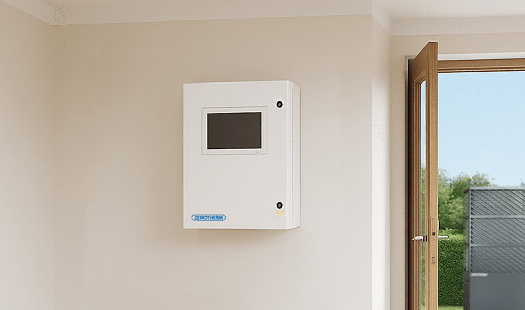 ZEWO PowerBox im Hauswirtschaftsraum mit Blick auf die außen installierte ZEWO LAMBDA Wärmepumpe